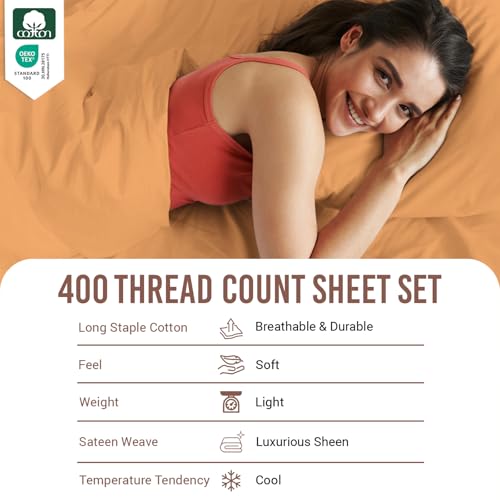 100% Cotton Sheets Set Twin XL 400 Thread Count Apricot Orange