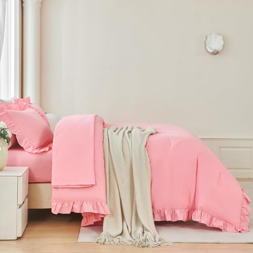 5 Pieces Ruffle Full Bed in A Bag Coral Pink Bedding Comforter Set