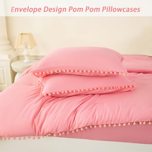 Full Size Bed in A Bag Coral Pink 5 Pieces Pom Pom Comforter Set with Sheets for Girls Kids Teens Soft All Season Fluffy Boho Bedding Set for Bedroom