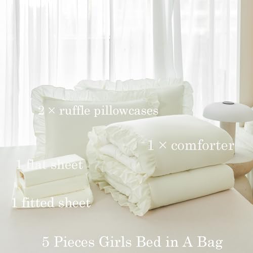 Queen Comforter Set Ivory 5 Pieces Beige Ruffled Bedding Sets Farmhouse Boho Bed in A Bag with Sheets Soft Shabby Chic Bed Set for Women Men (5 Count)