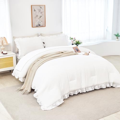 5Pcs White California King Bed in A Bag Ruffled Comforter Sets