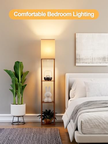 Floor Lamp with Shelves for Living Room Walnut Brown