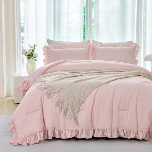 5Pcs Blush Pink King Bed in A Bag Ruffled Comforter Set with Sheet