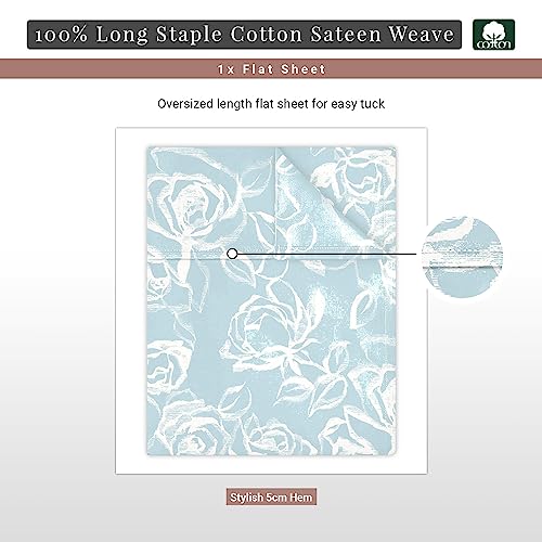 100% Cotton Simply Floral Print Full Flat Sheet 400TC Blue