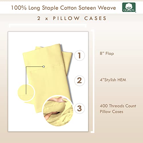 100% Cotton King Size Pillowcases 400 Thread Count Mellow Yellow (2 Count)