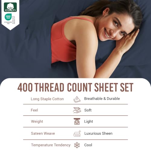 100% Cotton Sheets Set RV Queen 400 Thread Count Dark Blue