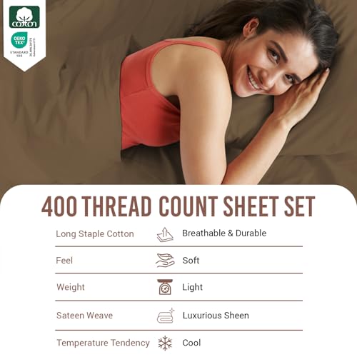 100% Cotton Sheets Set RV King 400 Thread Count Woody Brown