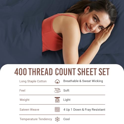 100% Cotton Sheets Set Twin XL 400 Thread Count Dark Blue