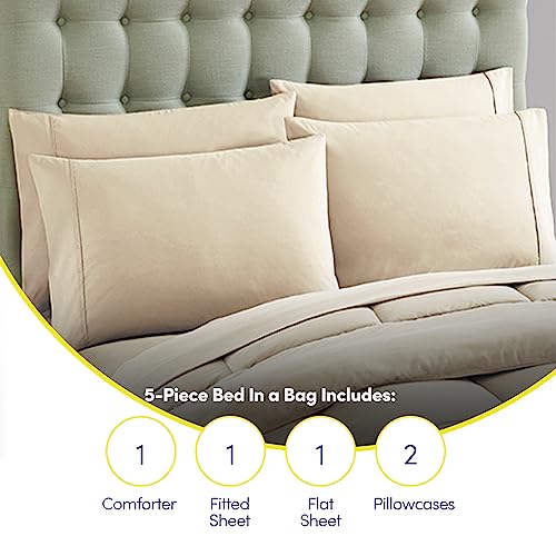 5 Piece Comforter Set Bag Solid Color All Season Soft Down Alternative Blanket & Luxurious Microfiber Bed Sheets