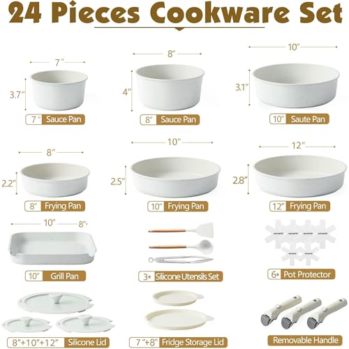 24 Piece Nonstick Detachable Handle Pots and Pans Set White