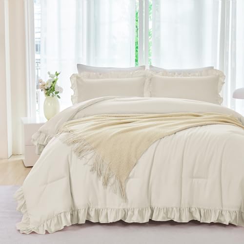 ANGIYUI 5Pcs Camel Ruffle Comforter Set Queen Size Boho Bedding Comforter Sets Vintage Farmhouse Bed Comforter Set Soft Fluffy Bed in A Bag for Gilrs Women