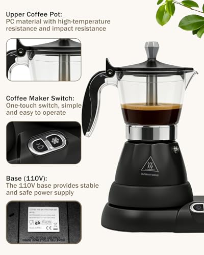 2-in-1 Milk Frother Electric Foam Maker and Moka Coffee Maker Espresso Maker 110V Electric Base Aluminum Frother Moka Pot 5oz 150ml Frothing Easy Brewing Latte Cappuccino Home Gift Black
