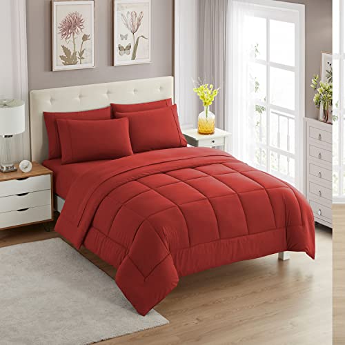 7 Piece Comforter Set Bag Solid Color All Season Soft Down Alternative Blanket & Luxurious Microfiber Bed Sheets