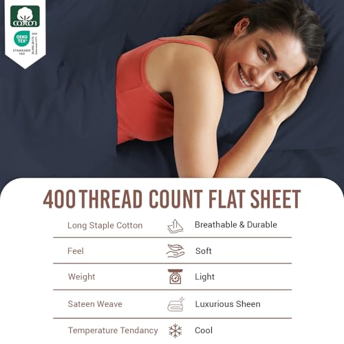 100% Cotton Twin XL Flat Sheet 400 Thread Count Dark Blue