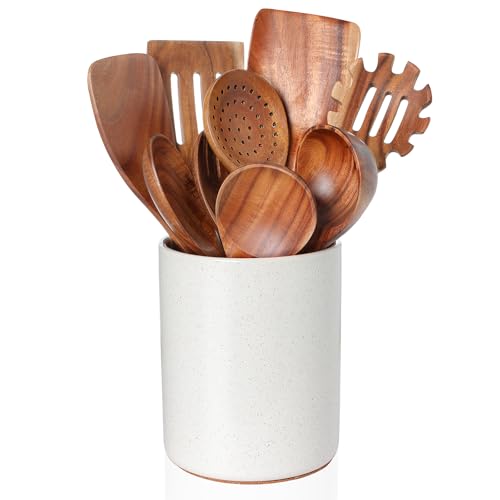 Wooden Cooking Utensils Set with Ceramic Holder (10 Count)
