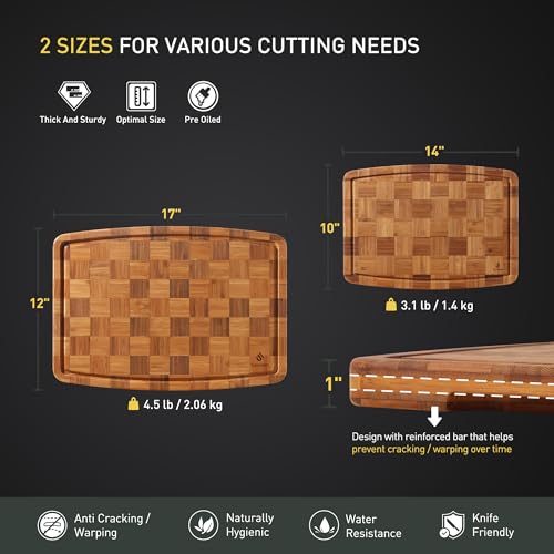 2 Pack Heavy Duty Bamboo Cutting Board Set Non Slip Over Sink Solid Thick Wood Chopping Board End Grain Extra Large Big Small Best Organic Hardwood Wooden Kitchen Essential New Home Housewarming Gift (2 Count)
