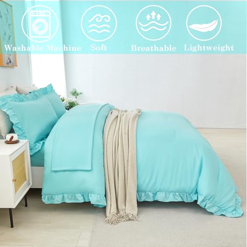 Aqua Blue Twin Size Comforter Sets for Teens Girls 5 Pieces Ruffle Bed in A Bag with Sheets Solid Elegance Bedding Comforter Sets for All Season