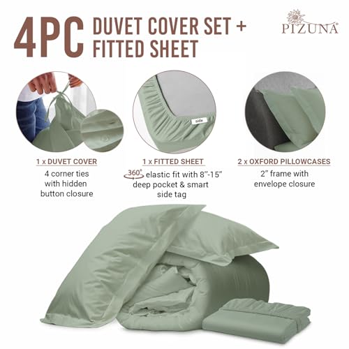 100% Cotton King Duvet Cover Set + Fitted Sheet 400TC Sea Foam