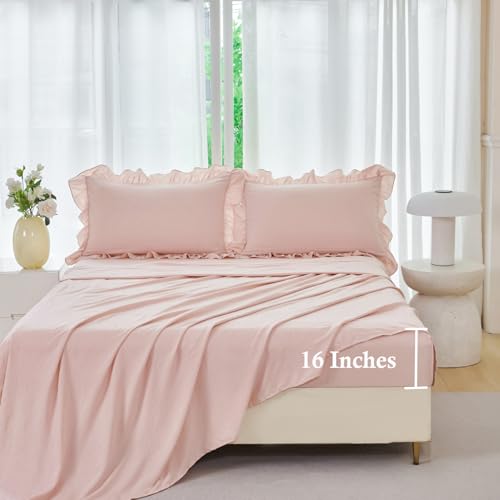 5 Pieces Blush Pink Ruffled Comforter Sets Full Farmhouse Bed in A Bag with Layer Ruffle Soft Lightweight Bedding Sets with Sheet Sets