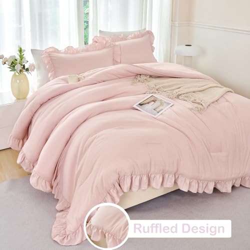 5 Pieces Blush Pink Ruffled Comforter Sets Full Farmhouse Bed in A Bag with Layer Ruffle Soft Lightweight Bedding Sets with Sheet Sets