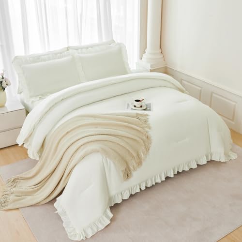 Queen Comforter Set Ivory 5 Pieces Beige Ruffled Bedding Sets Farmhouse Boho Bed in A Bag with Sheets Soft Shabby Chic Bed Set for Women Men (5 Count)