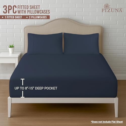 Cotton Twin XL Fitted Sheet + 2 Pillowcases Set 400TC Dark Blue