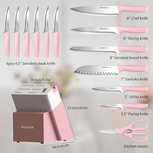 Knife Set Kitchen Knives Set with Block and Sharpener 15 Pcs German Stainless Steel Knives Sharp Blade Dishwasher Safe Deba Knives with Ergonomic Handle (15 Count)