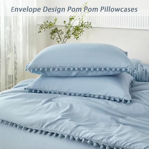 5 Pcs Grayish Blue Bed in A Bag Twin Aesthetic Boho Comforter with Pom Pom Soft Fluffy Light Blue Solid Bedding Quilt Set for Girls Boys