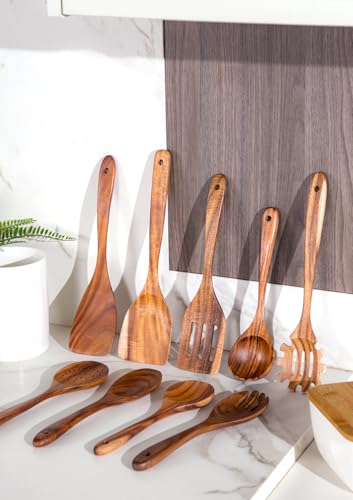 Wooden Cooking Utensils Set with Ceramic Holder (10 Count)