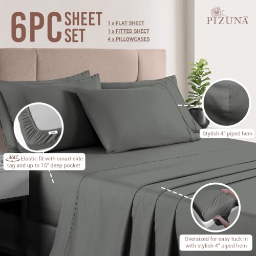 Cotton Sheets Set Queen with 4 Cases 400 Thread Count Dark Grey