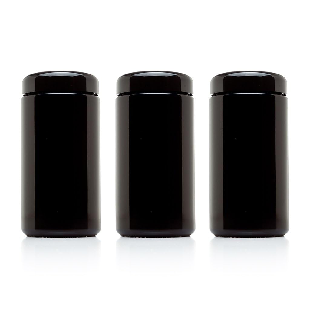 1 L (34 fl oz) Pack 3, Premium Airtight Ultraviolet Glass Jar Smell Proof, Antistatic, Light Blocking Container for Herbs, Coffee, Tea & Spices Durable, Travel-Friendly Storage (3 Count)