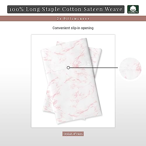 100% Cotton Carrara Marble Print Queen Pillowcases 400TC Pink (2 Count)