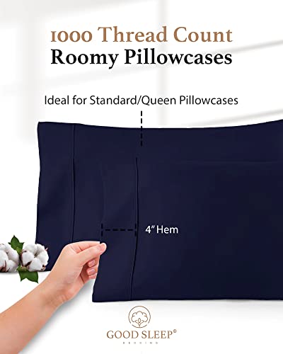 1000 TC Navy Blue Standard Pillowcases Set of 4 100% Egyptian Cotton Pillow Cases with Long Staple Cotton & Sateen Weave (4 Count)