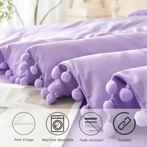 5 Pieces Queen Bed in a Bag Light Purple Pom Pom Comforter Sets Cozy Fluffy Boho Bedding Set for Girls Soft Microfiber Solid Bedding Comforter Set with Sheets