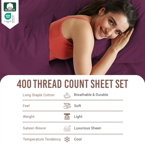 100% Cotton Sheets Set California King 400 Thread Count Berry Plum