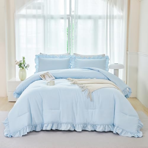 5Pcs Blue King Size Comforter Sets Ruffled Bed in A Bag