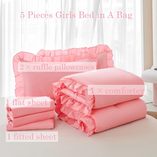 5 Pieces Ruffle Full Bed in A Bag Coral Pink Bedding Comforter Set