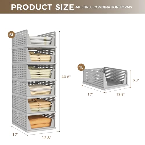 6 Pack Closet Organizer Storage Bins Stackable Plastic Drawer Shelf (6 Count)