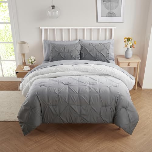 7 Piece Comforter Set Bed in a Bag Ombre Pintuck Design All Season Soft Down Alternative Bedding Comforter Set & Luxurious Matching Bed Sheets & Pillow Shams