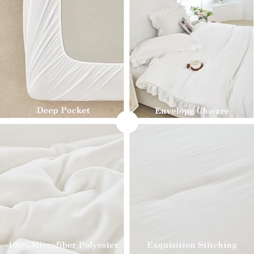 5Pcs Queen Comforter Sets White Ruffle Bedding Sets for Women Men Vintage Farmhouse Bed Sets Solid Elegance Bed in A Bag for All Season（White Queen）