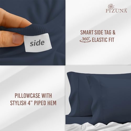 Cotton Twin XL Fitted Sheet + 2 Pillowcases Set 400TC Dark Blue