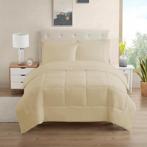 7 Piece Comforter Set Bag Solid Color All Season Soft Down Alternative Blanket & Luxurious Microfiber Bed Sheets (7 Count)