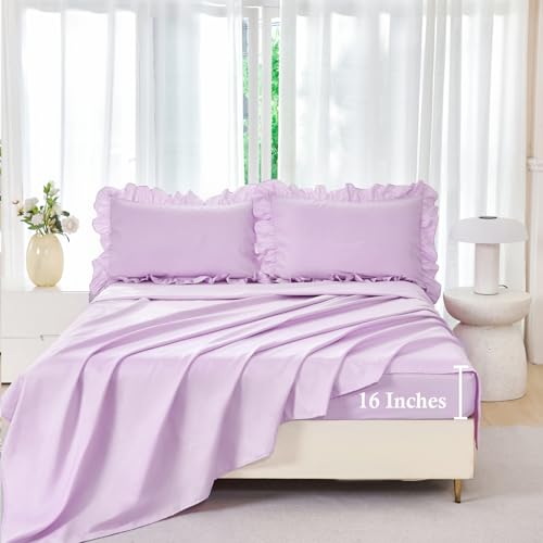 5 Pieces Purple Comforter Set Twin Lavender Ruffle Bed in A Bag with Sheet Sets Solid Color Farmhouse Bedding Sets Soft Microfiber Bed Sets for Girls Kids