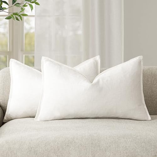 Pack of 2 Decorative Linen Solid Throw Pillow Covers Soft Accent Lumbar Cushion Case Boho Farmhouse Neutral Pillowcase for Couch Sofa Bed Living Room Home Decor 12 x 20 Inch Cream White (2 Count)