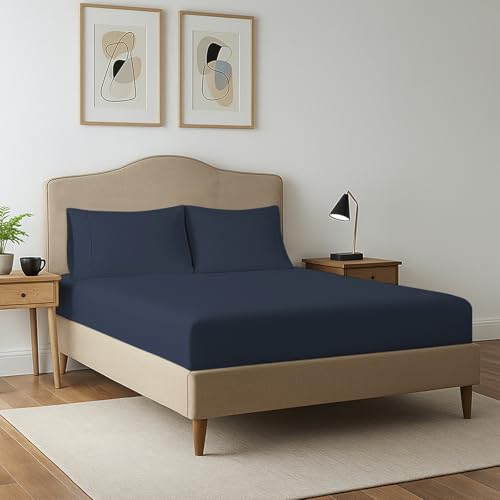 Cotton King Fitted Sheet + 2 Pillowcases Set 400TC Dark Blue