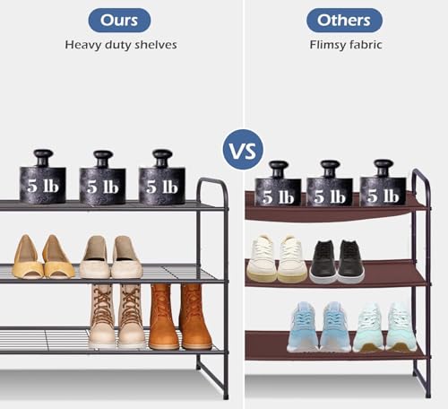 Long 3 Tier Shoe Rack for Closet Wide Shoe Storage Organizer Stackable Metal Shoe Shelf for 24 Pairs Men Sneakers with Wire Grid for Closet Floor