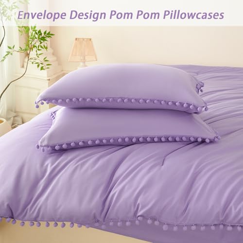 5 Pieces Queen Bed in a Bag Light Purple Pom Pom Comforter Sets Cozy Fluffy Boho Bedding Set for Girls Soft Microfiber Solid Bedding Comforter Set with Sheets