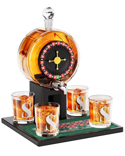 Roulette Whiskey Decanter Gift Set with 4 Dollar Glasses