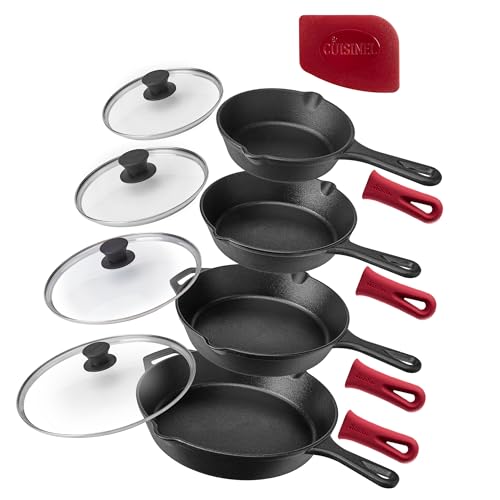 6"+8"+10+12" Inch Cast Iron Skillets Set + Glass Lids + Silicone Handle Grips