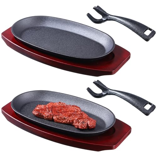 2 Pcs Oval Cast Iron Fajita Skillet Pan Set Small Sizzling Steak Plate with Wooden Base and Handle Cast Iron Fajita Skillet Sizzling Plate for Restaurant BBQ (2 Count)
